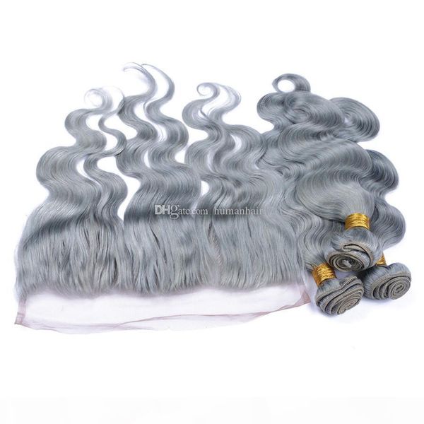 

8a peruvian virgin human hair bundles with 13x4 lace frontal sliver grey hair weft with full frontal closure bleached knots with baby hair, Black;brown