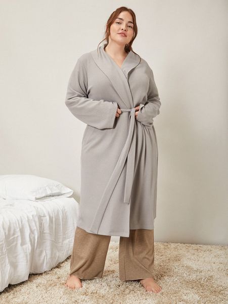 

plus waffle knit belted robe & pants q4tt#, Black;white