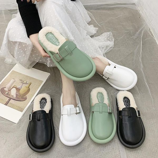 

brand winter women vintage leather muller shoes designer girl wool outdoor closed toe flip flop chic female warm low heels shoes, Black