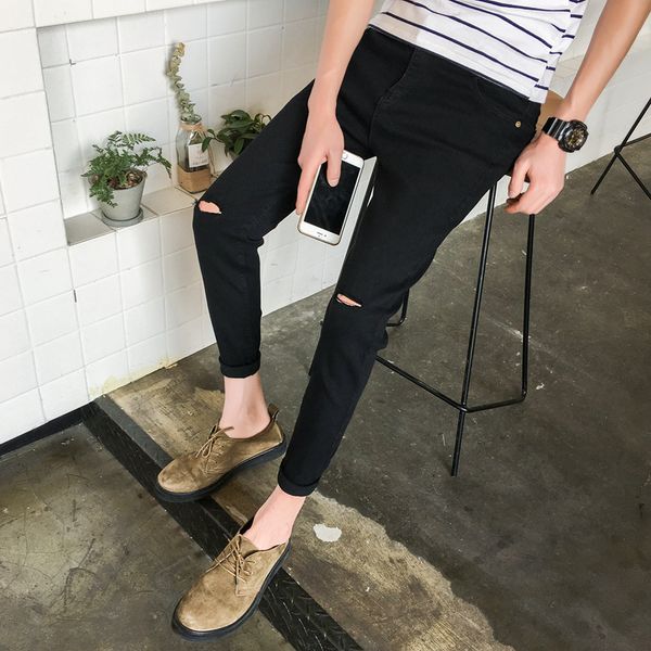 

autumn stretch jeans slim fit leggings bla casual pants men's korean fashion, Blue