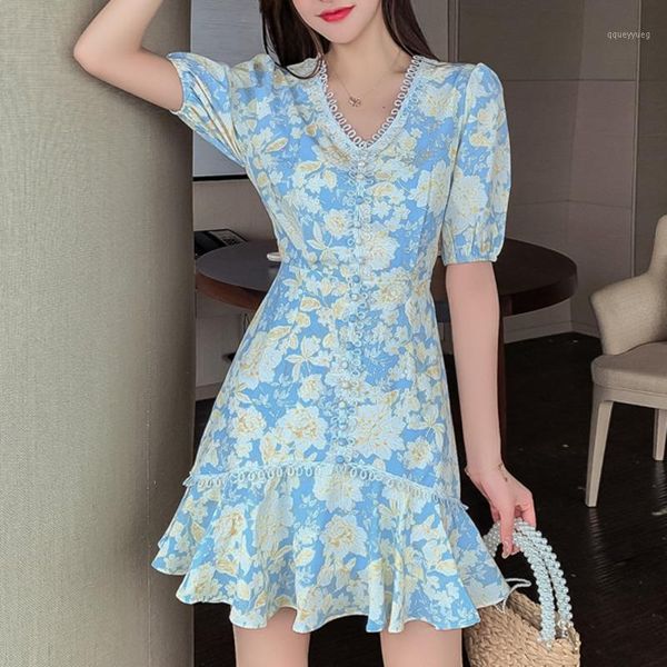 

casual dresses summer dress women beach mini puff sleeve elegant lace patchwork floral print robe femme vintage vestidos mujer1, Black;gray