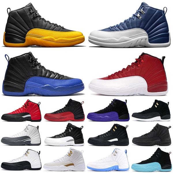 

mens basketball shoes 12s jumpman 2020 university gold stone blue flu game royal playoff dark grey athletic sports sneakers size -13, Black
