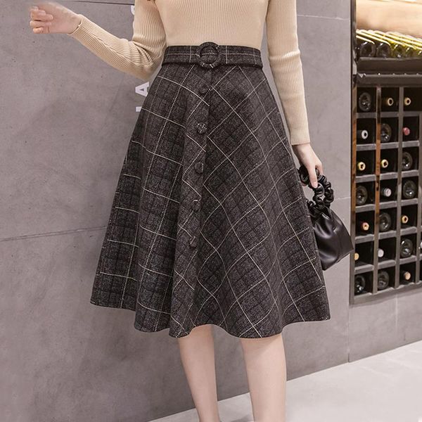 

autumn winter long midi a-line plaid skirts for women high waisted pleated womens skirt knee length elegant woolen faldas mujer, Black