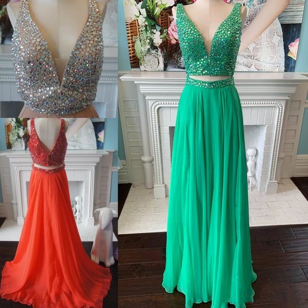 

2020 новые кристаллы шифон пром платье 2019 2 шт линия v neck v назад длинные pageant партии формальные платья без рукавов, Red