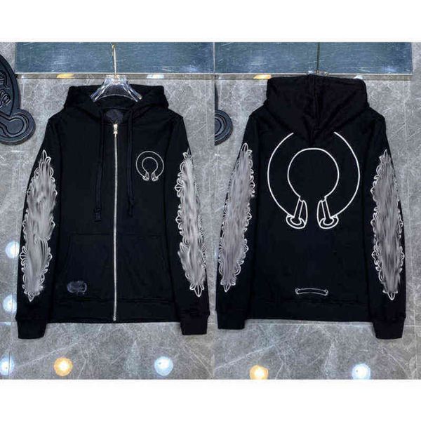 

luxury classic designer fashion hoodies mens zipper ch horseshoe sanskrit cross print pullover hooded sweatshirts sweater woman loose jackts, Black