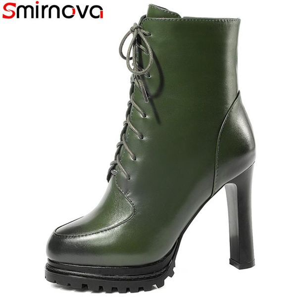 

smirnova new 2020 arrival genuine leather boots solid thick heels women boots round toe classic lace up winter ankle, Black