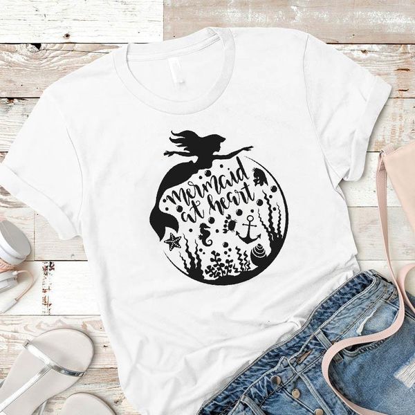 

women lady t shirt mermaid printed tshirt ladies short sleeve loose tee shirt women female clothes graphic t-shirt, White