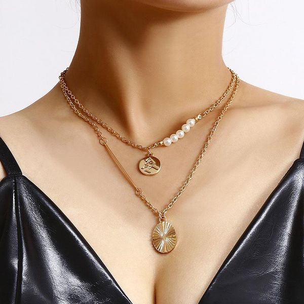 

elegant double layer imitation pearl embossed round pendant necklace women ladies geometric clavicle necklace jewelry xr2825, Silver