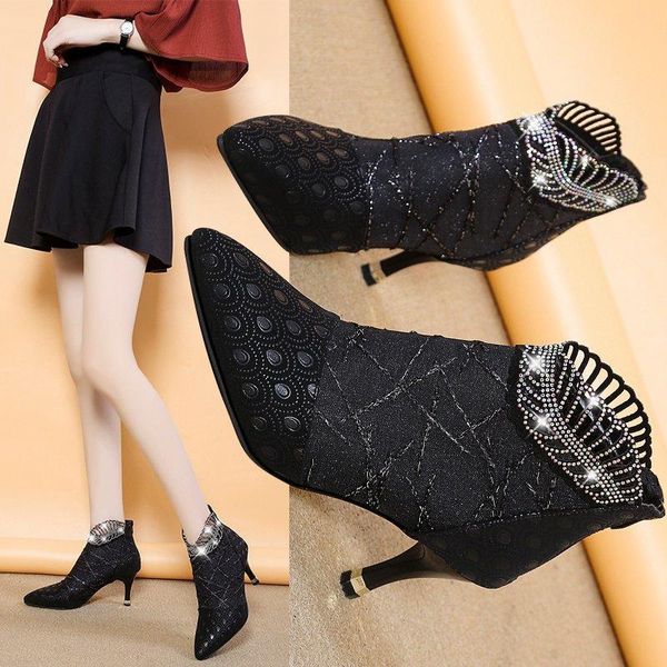 

boots breathable mesh short for women shoes autumn thin heels pumps high pointed toe ankle crystal, Black
