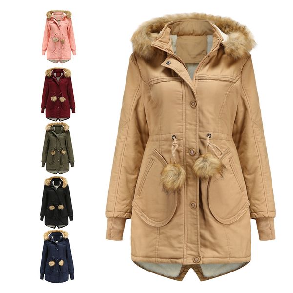 

2021 new women's of cotton wool quilted jacket medium detachable length cap warm winter hair collar clothing bp1c, Black