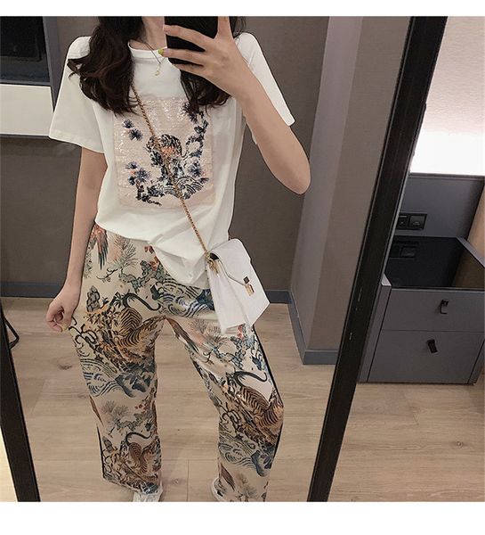 

2021 new summer for women sequins t-shirt printed satin loose leg pants retro-leg two women's suit matching clothes cjyy, Gray