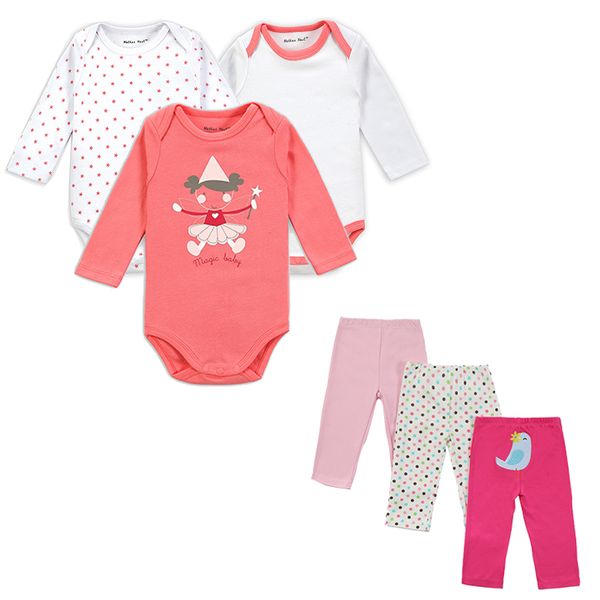 

mother nest brand 6 pcs set baby girl clothing set long sleeves baby wear spring autumn casual 100% cotton set romper+trousers 1021, White