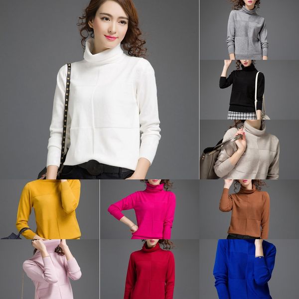 

короткая высокая шея футболка t-рубашка женская одежда осень зима 2020 новый свободный сплошной цвет пригонки верх низ свитер вязаный свитер, White;black