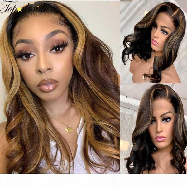 

dmido highlight color body wave front lace wig 180 density bleached knots malaysia human remy hair short wigs with baby hair, Black;brown