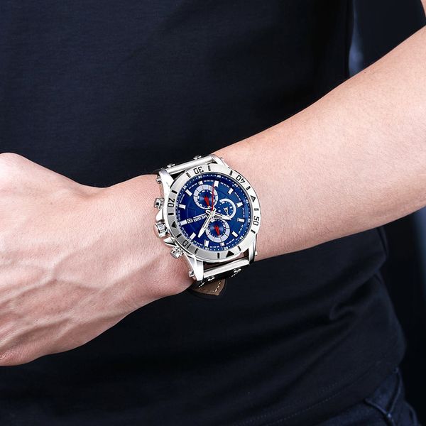 

megir clock chronograph leather men quartz watches casual man watch waterproof luminous militar male sports relojes 2020 hombre, Slivery;brown