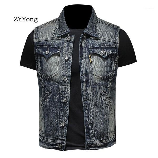 

zyyong men's slim retro denim vest retro color fashion denim vest cotton lapel motorcycle sleeveless men1, Black;white