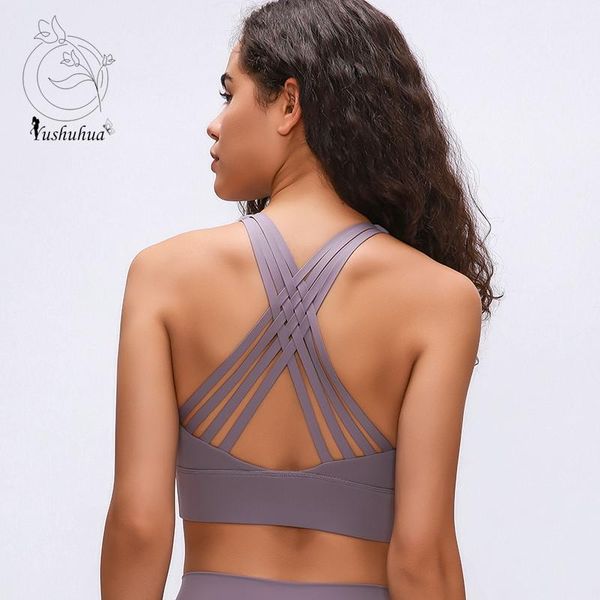 

4-ply cross strap running workout bras women high strength shockproof gym training sports bra yoga fitness tank kg-522, White;black