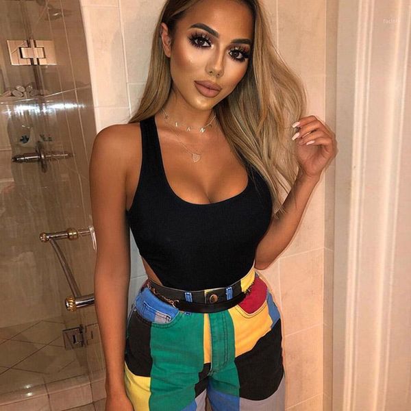 

2020 summer women bodycon bodysuit solid sleeveless ribbed knitted orange black strap bodysuit body for women jumpsuit1, Black;white