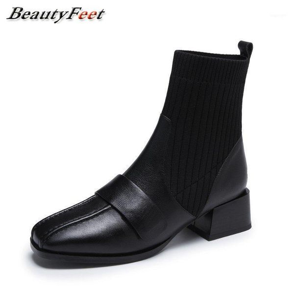 

boots ankle for women shoes woman slip on strech fabric sock square low heels solid leather autumn winter plus size1, Black