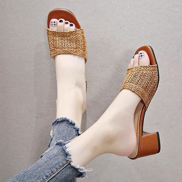 

slippers lucyever vintage weave square heels sandals women fashion toe outdoor woman vacation casual slides mujer1, Black