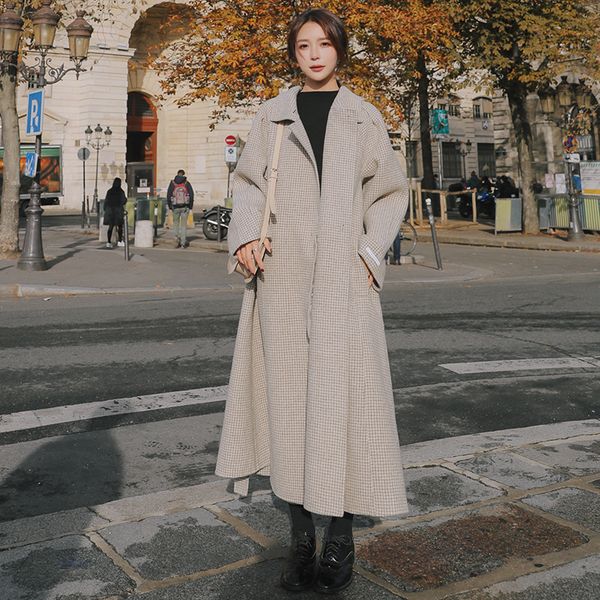 

2021 new women wool jackets houndstooth elongated wide fashion single-breasted new winter lapel female temperament zy2 coat 1emb, Black
