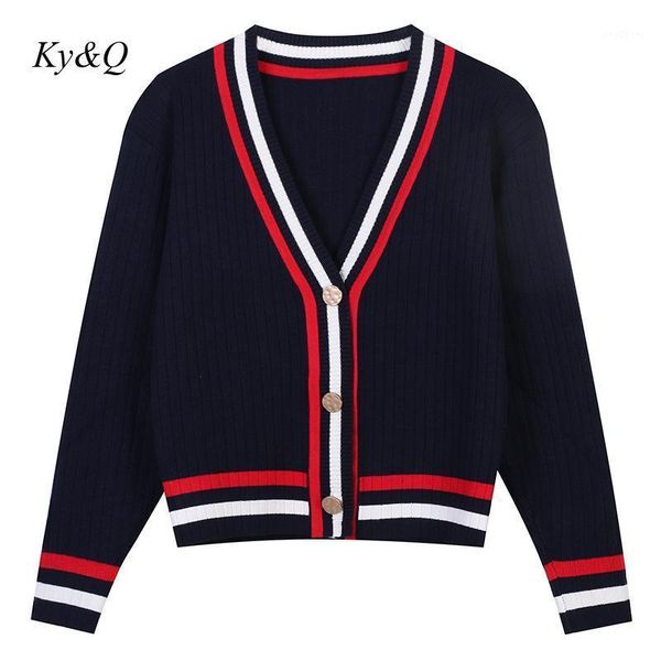 

2021 autumn winter new v-neck cardigan striped contrast color long sleeve elegant knitted sweater jacket comfortable women coat1, White