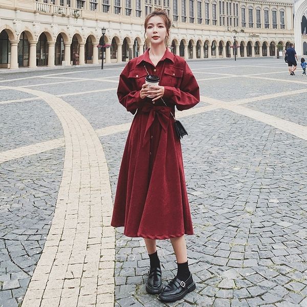 

x5osf осень 2020 нового платья dressbutton dressstyle кнопка металла мягкого ветер долго вельвет платье темперамент стиль внешняя юбка младш, Black;gray