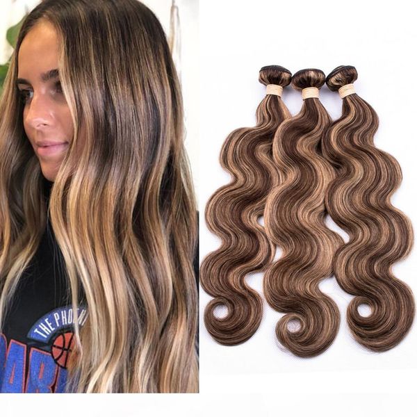 

malaysian piano color human hair body wave 3 bundles piano #4 27 brown mix with honey blonde highlight color human hair weave extensions, Black;brown