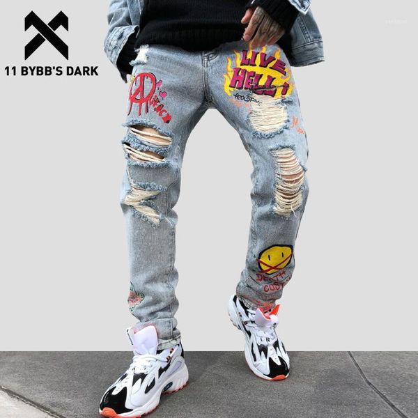

11 bybb's dark men denim pants graffiti harajuku streetwear ripped holes jeans pants hip hop fashion casual joggers men trousers1, Blue