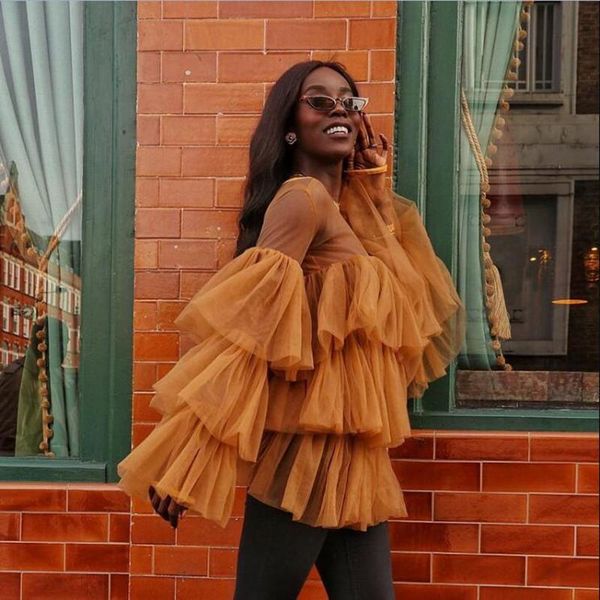 

chic african women blouse tulle women and blouse with long sleeves tutu ruffles tiered full sleeves jewel female top, White