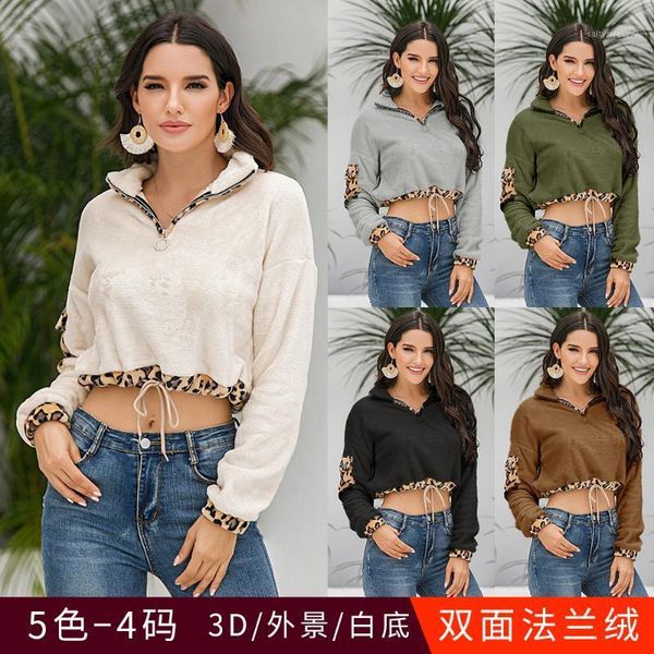 

women's hoodies & sweatshirts europe and america foreign trade hairy on bare-leopord pattern mixed colors plus velvet dstring hoodie pl, Black