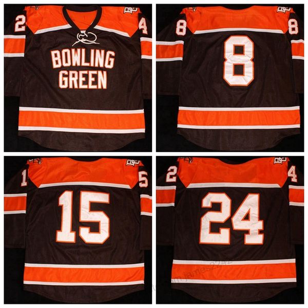 

custom retro bowling green state univ #8 jose delgadilo #24 ben greiner #15 hockey jersey men's stitched size 2xs-5xl name or number, Black;red