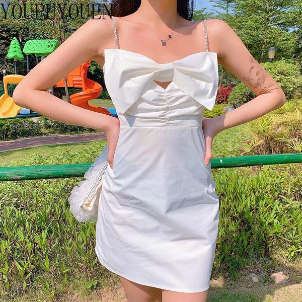 

chic bow chain slip dress women backless white dresses 2020 summer new short spaghetti strap ruched elegant club clothes1, Black;gray