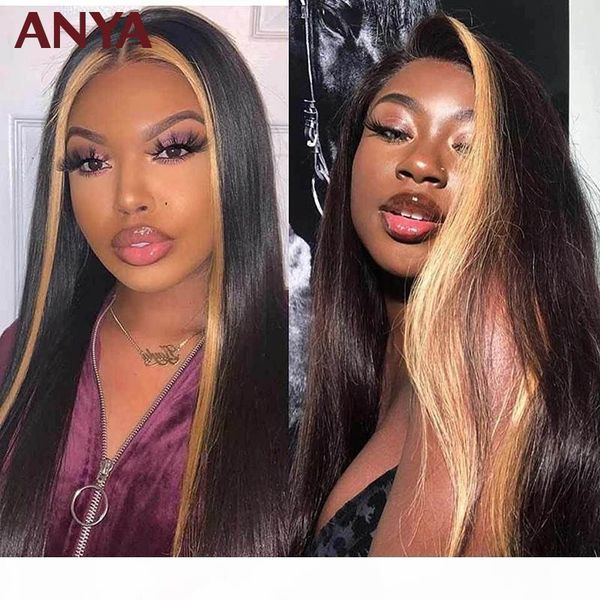 

anya highlight colored straight human hair wigs pre plucked transparent lace front brizilian remy hair wigs for women, Black;brown