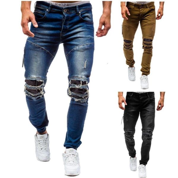 

male joggers new men's washed hole pants all cotton trendy jeans 3 colors, Blue