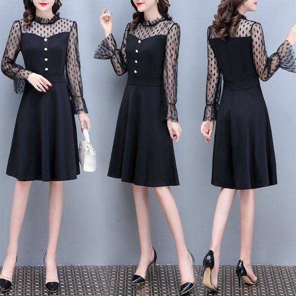 

daxaf 0vcar 2020 temperament dress long-sleeved mid-length new age-reducing slimming and waist capable little aline dress women's, Black;gray