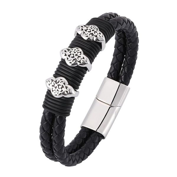 

charm bracelets woven leather rope wrapping special style classic stainless steel men's bracelet double-layer design diy jewelry bb0362, Golden;silver