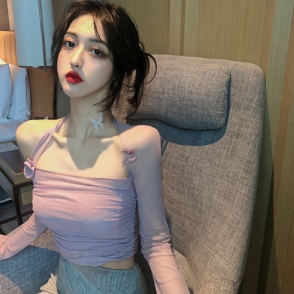 

fall 2020 new off shoulder long sleeve mesh korean version versatile slim short t-shirt trend for women