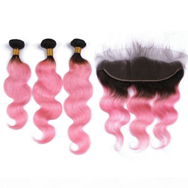 

two tone 1b pink ombre full lace 13x4 ear to ear frontal closure with body wave 3bundles pink ombre virgin human hair extensions, Black