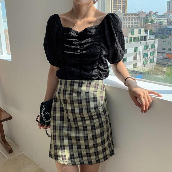 

korean style elegant women pleated blouses square collar short slevee blouses female split plaid mini skirts streetwear, Black