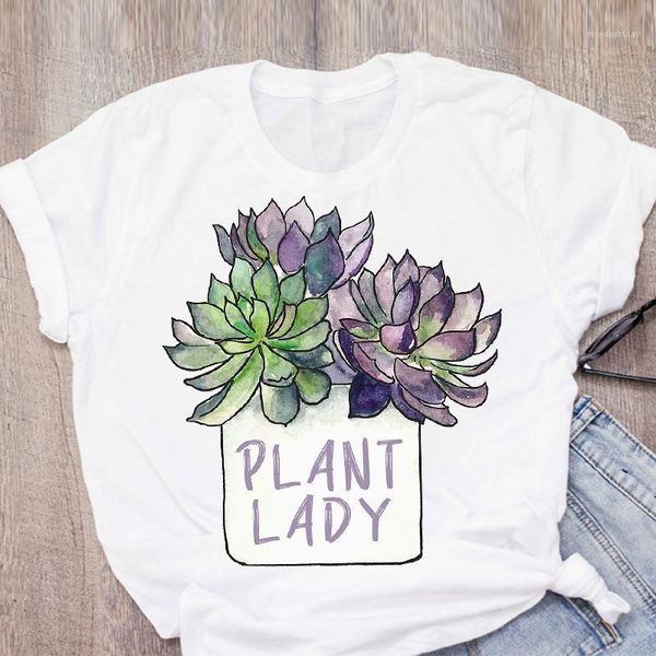 

women graphic plant lady sweet floral 90s cute lady print summer t-shirt shirt womens clothing tees female t shirt1, White