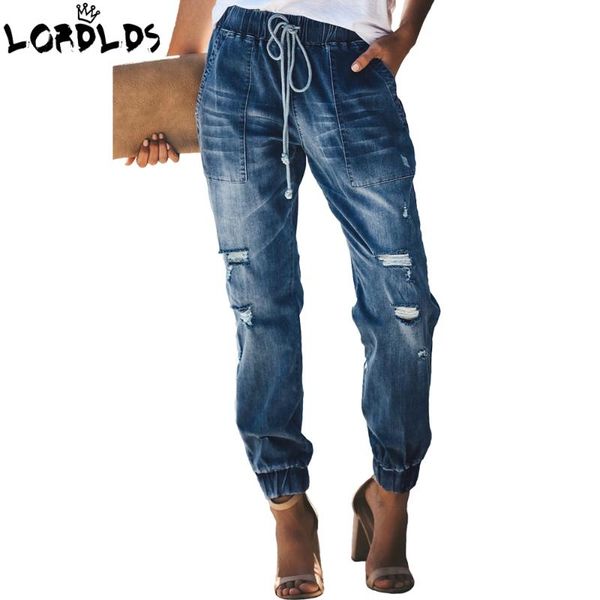 

lordlds denim jeans womens elastic waist new ripped jeans for women 2020 summer pants trousers, Blue