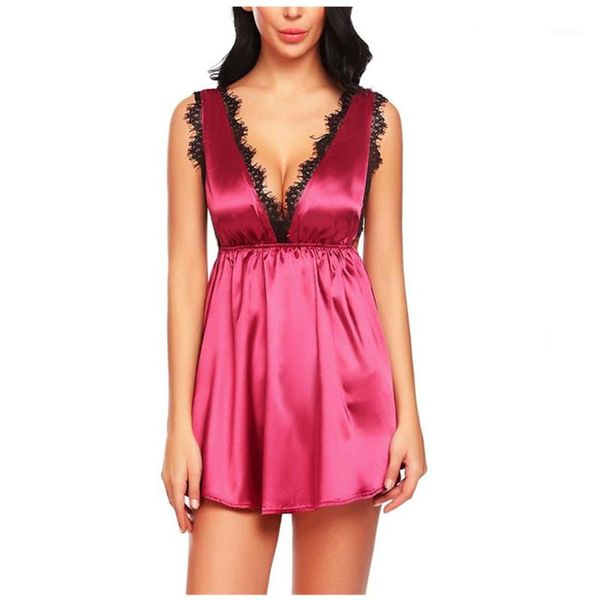 

v-neck pajamas fashion trend high elastic waist suspender sleepwear skirt designer solid color lingerie lace pajamas women lace, Black;red