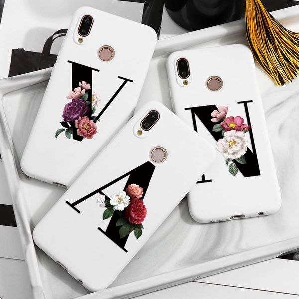 

flower 26 english name letters custom initial case for huawei p smart y6 y7 y9 prime 2019 p20 p30 lite silicone tpu cover fundas