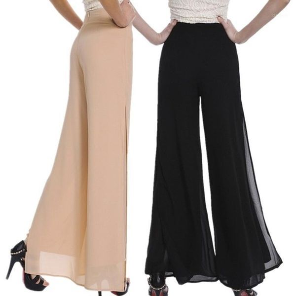 

summer new female wide leg pants womens high waist double layers split chiffon pants loose black elegant trousers1, Black;white