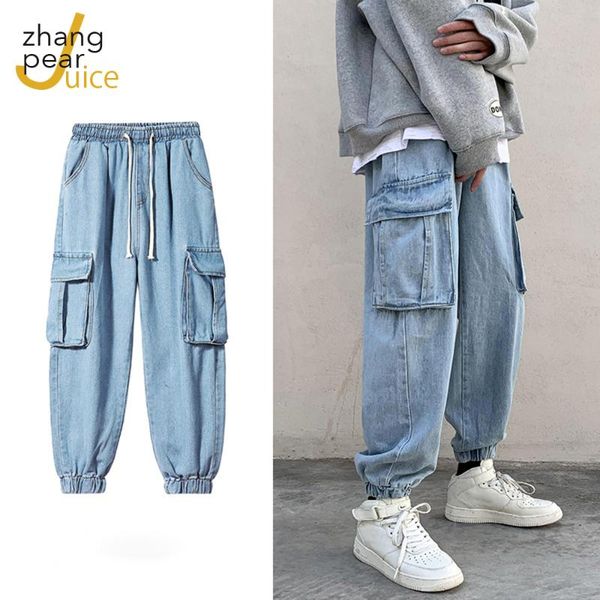 

men's jeans men loose mens spring autumn hip hop streetwear pocket baggy denim pants male cargo trouser, Blue