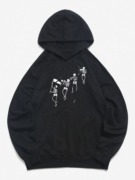 

romwe guys skull graphic pocket drawstring hoodie o0eg#, Black