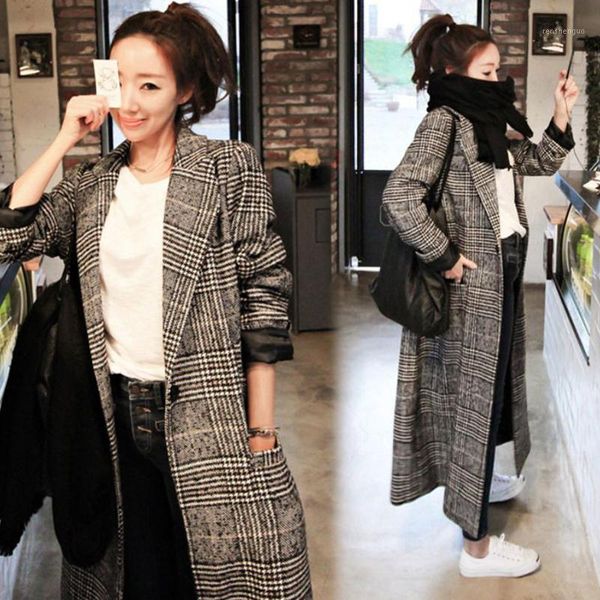 

new women's wool coat autumn winter 2020 fashion classic plaid patchwork woolen jacket slim thicken long outerwear female1, Black