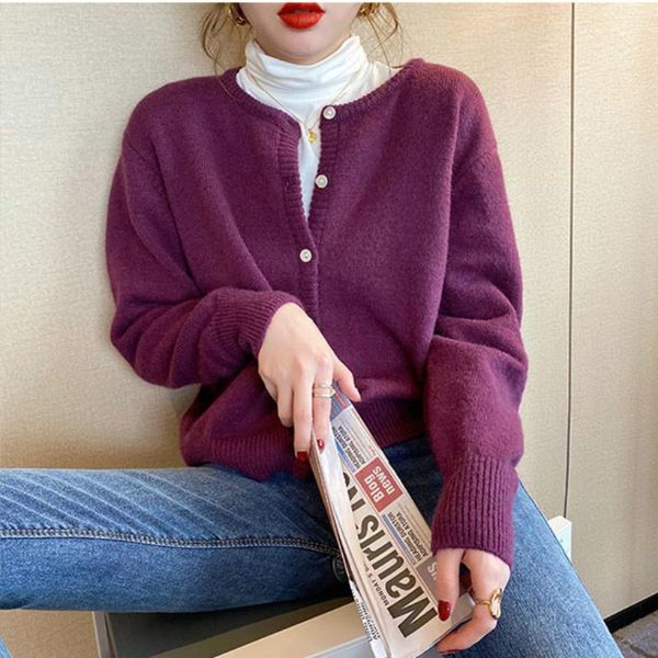 

корейская осень все-матч ретро белого виноград фиолетовой шея вязаных кардиган короткого длинных рукава мягкого свитер пальто женщины, White