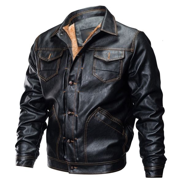

jacket men's autumn winter leather jacket biker motorcycle button outwear men plus velvet padded multi-pocket warm coat oct14, Black;brown